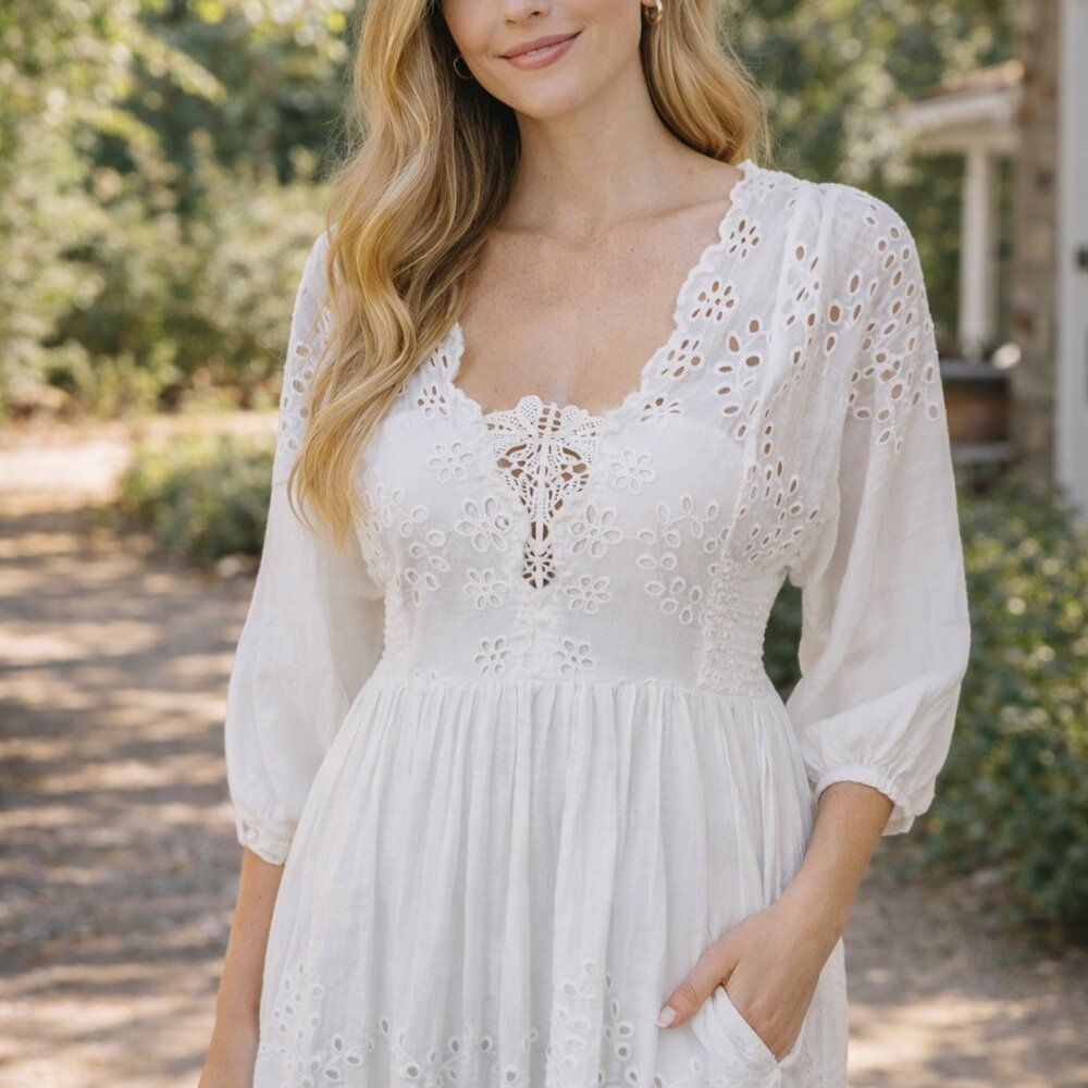 Free People One White Lined Cotton Eyelet 3/4 Puff Sleeve Dress Size Small